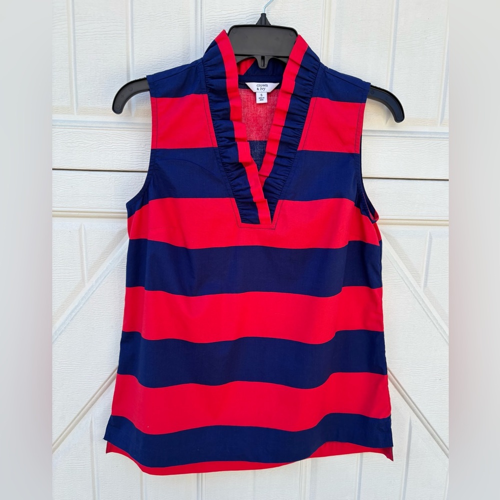Crown & Ivy Red Blue Striped Sleeveless Blouse Ruffle Collar Americana Top S